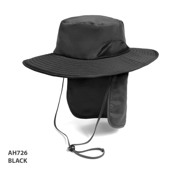 A black outdoor hat featuring a wide brim, mesh panel, and neck flap for sun protection. It includes an adjustable chin strap.