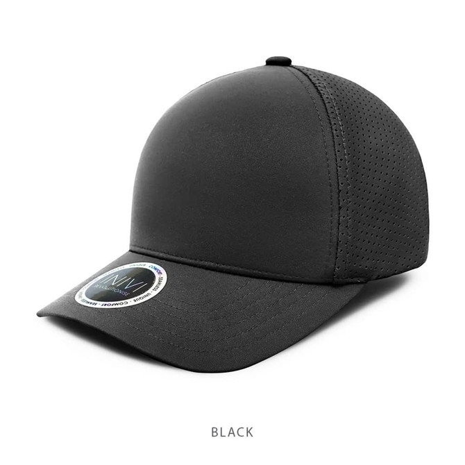 A black premium nylon cap with a structured design and perforated panels, featuring a logo on the side.
