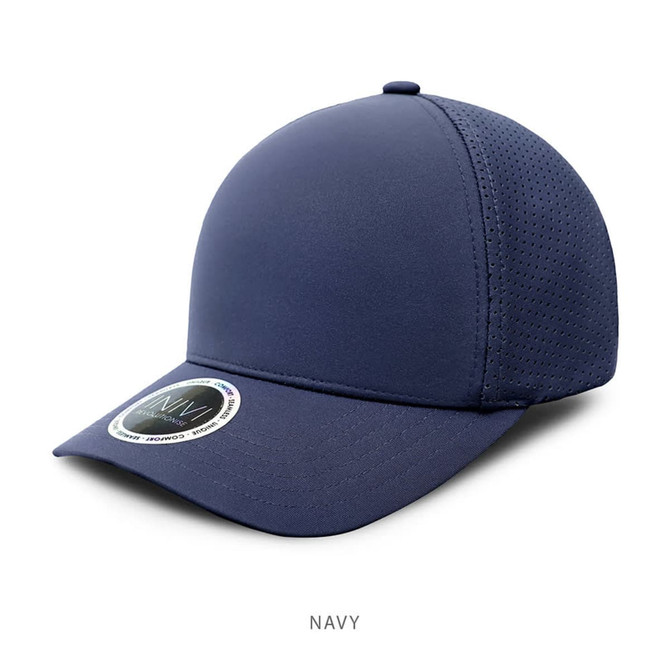 A navy premium nylon cap with a rounded peak and perforated side panels. It features a logo on the front.