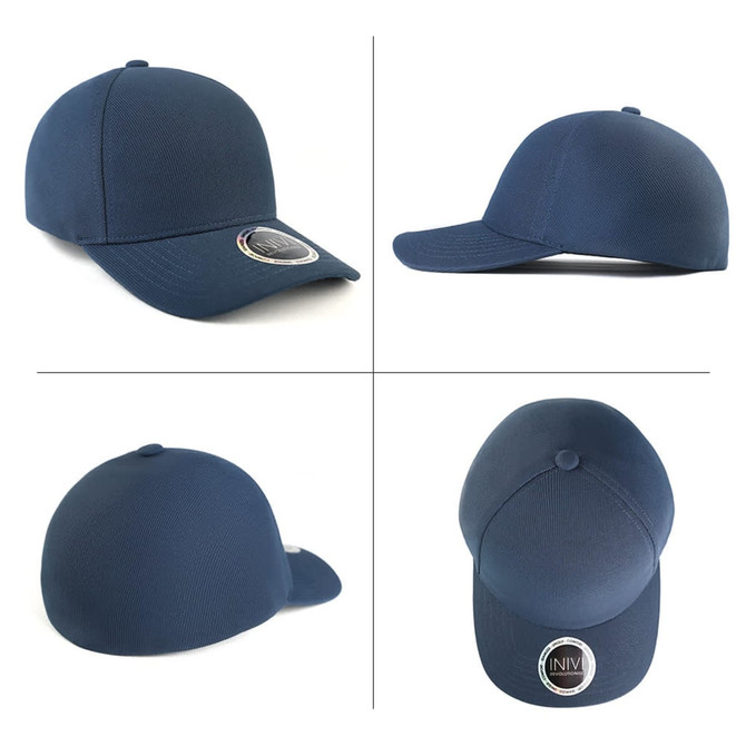 A navy blue cap with a rounded crown, logo badge, and curved brim, shown from multiple angles.