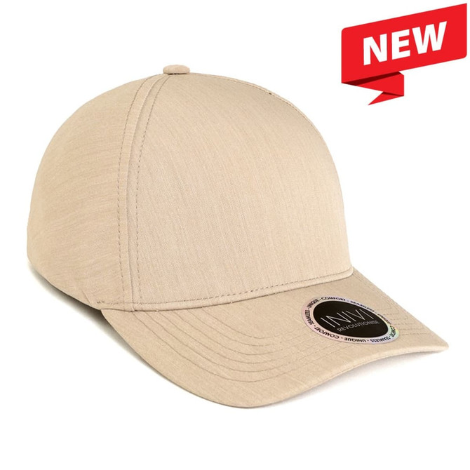 A beige cap made from 100% RPET, featuring a round brim and a logo on the side.