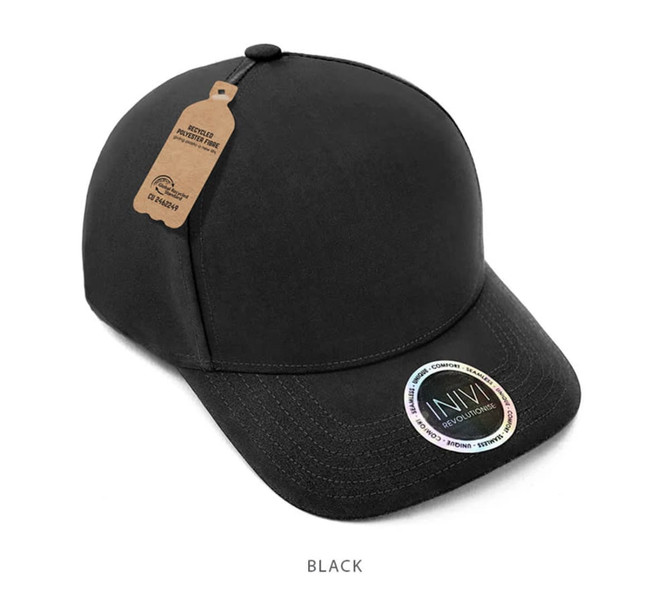 A black cap made from 100% recycled PET, featuring a logo and a hangtag.