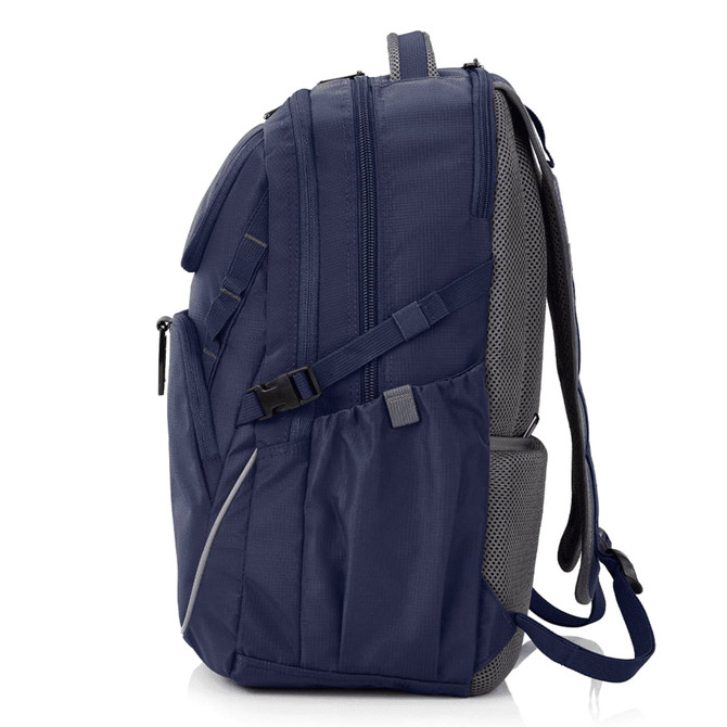 A navy blue backpack with a mesh backing and adjustable straps, featuring multiple compartments and a side pocket.