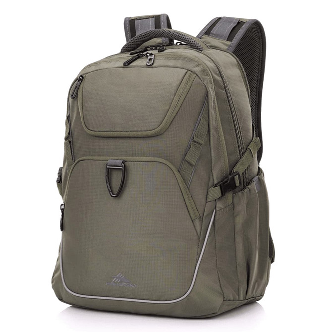 A green High Sierra Access 4.0 backpack featuring multiple compartments and a logo on the front.