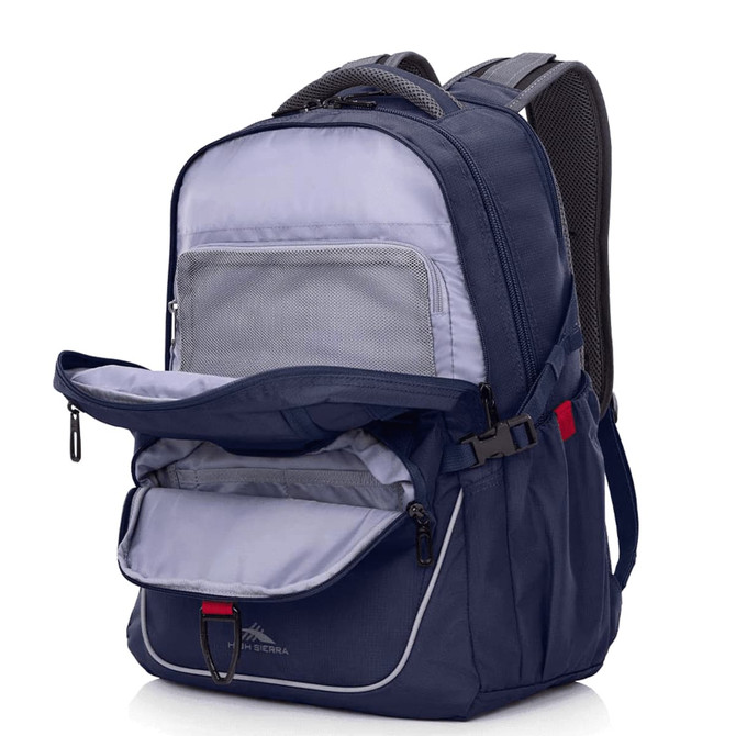 A navy blue backpack with a grey interior and multiple zippered compartments. It has padded straps and a logo.