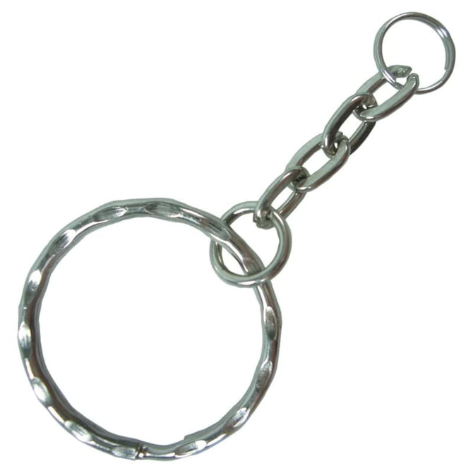 A metal split ring chain keyring featuring a textured circular ring and a chain link.