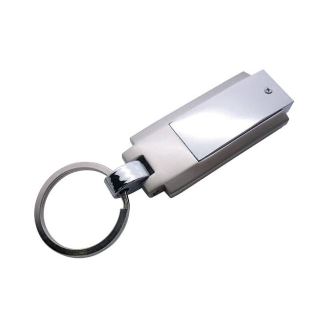 A silver flash drive with a keychain attachment, featuring a sleek, shiny design and a branding logo.