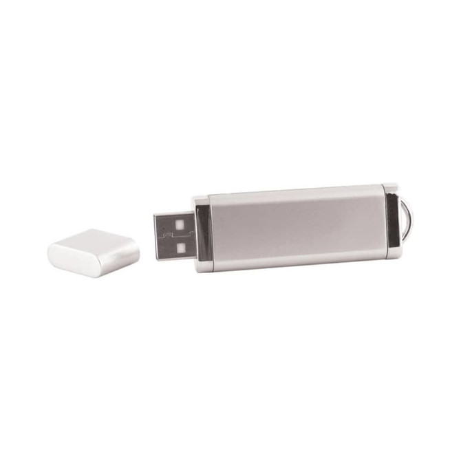A silver flash drive with a removable cap, featuring a sleek and modern design.