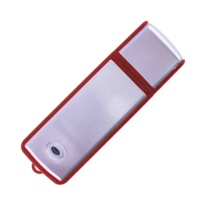 A red and silver flash drive featuring a sleek design and a logo on the surface.