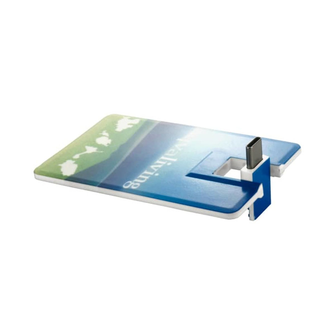 A blue and green Slimline V Credit Card Type-C Flash Drive with a built-in connector and a logo on its surface.