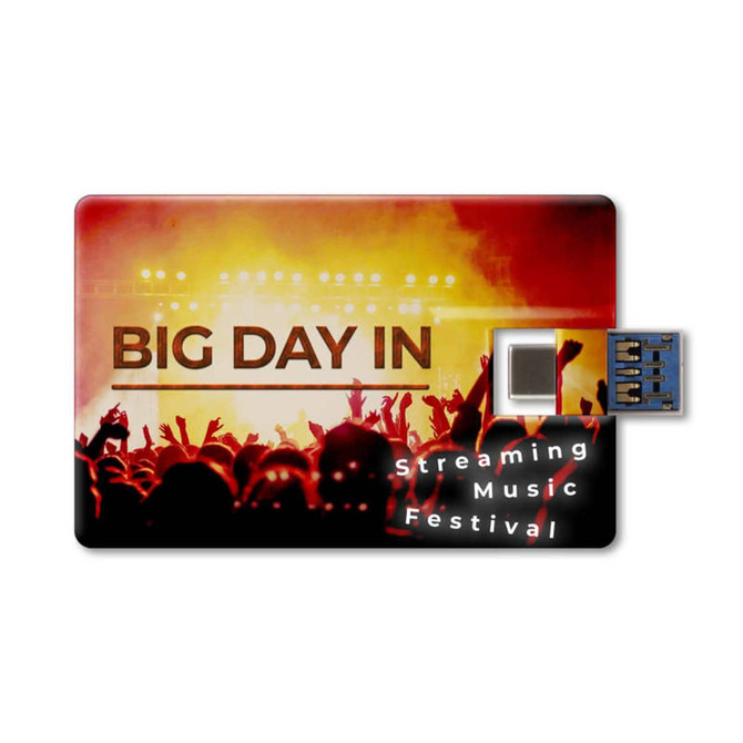 A credit card-sized Type-C flash drive with a vibrant festival crowd design, featuring warm tones of yellow and orange.