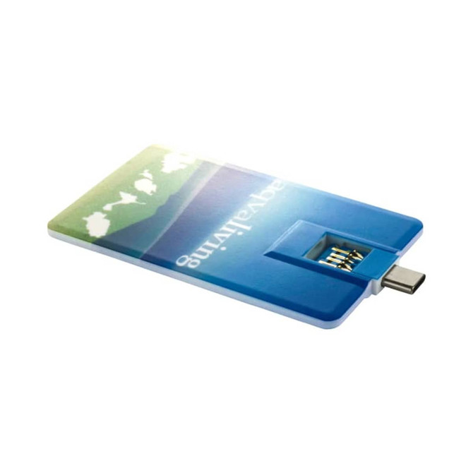 A blue and green flash drive designed like a credit card, featuring a USB Type-C connection and a logo.