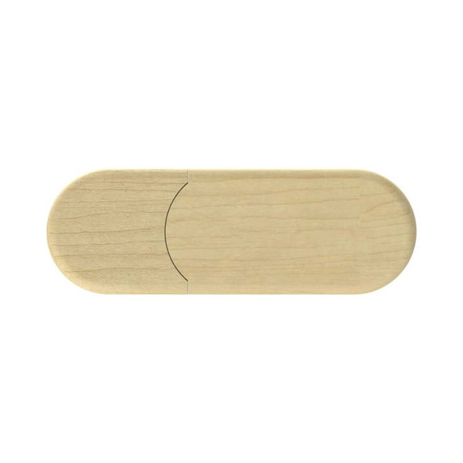 A light wooden eco-friendly LED flash drive with a smooth, oval design; features a logo on its surface.
