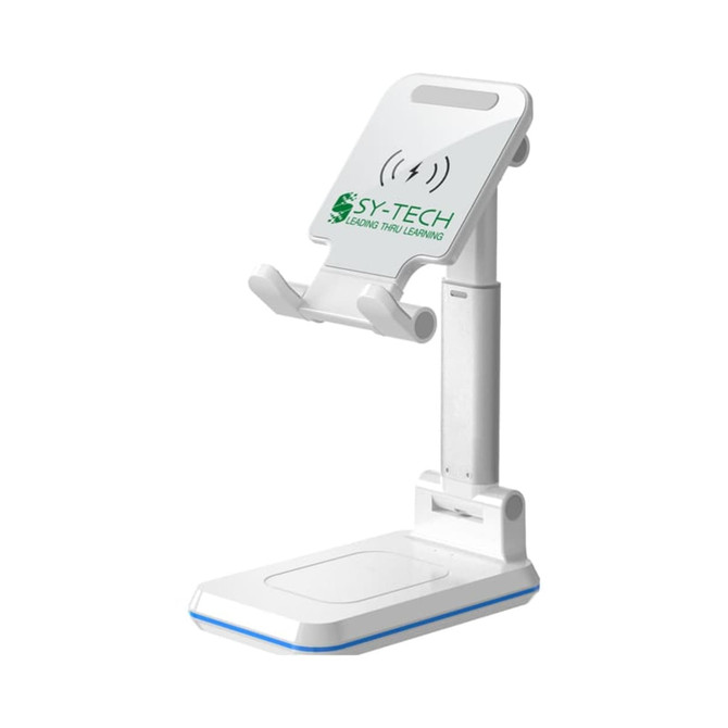 A white foldable wireless charger stand with a logo, featuring a base and an adjustable phone holder.