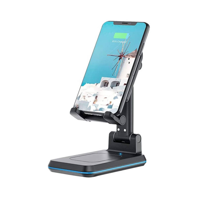 A foldable wireless charging stand in black and blue, holding a smartphone in an upright position.