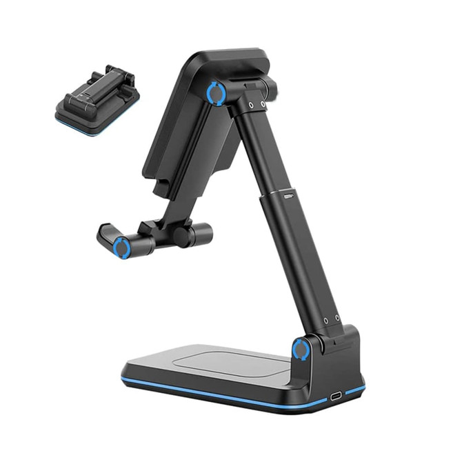 A foldable wireless charging stand in black with blue accents, featuring an adjustable arm and base.