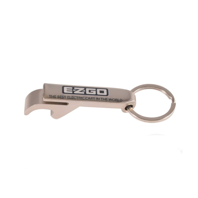 A drink bottle opener keytag in silver with a keyring attachment, featuring a brand logo.