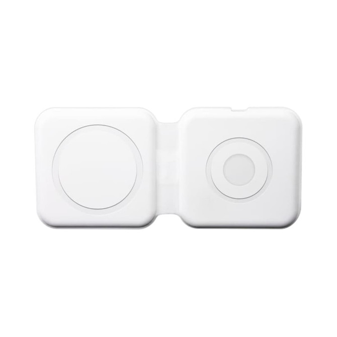 A white magnetic wireless charger with two circular charging areas, featuring a simple design and a logo.