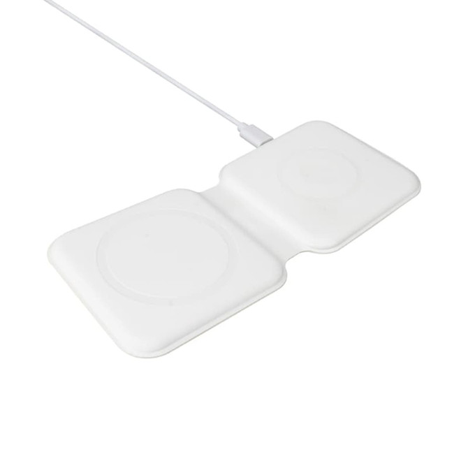 A white magnetic wireless charger with two charging pads and a connecting cable. It features a simple, sleek design.