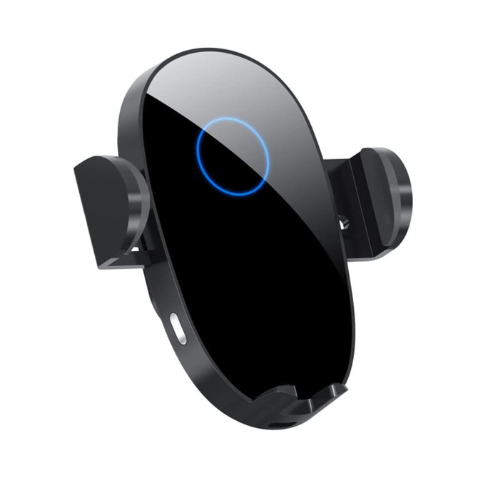 A black wireless car charger with a sleek design and a circular blue indicator light. It features adjustable side grips.