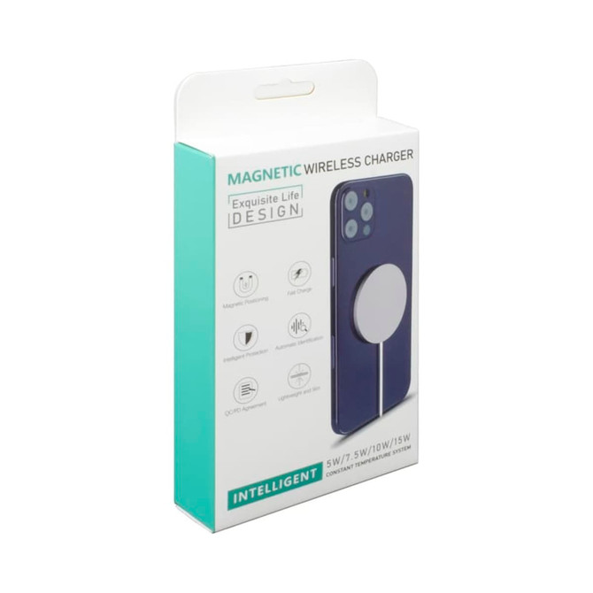 A wireless charger in a white and turquoise box, featuring a magnetic design and an image of a phone on the front.