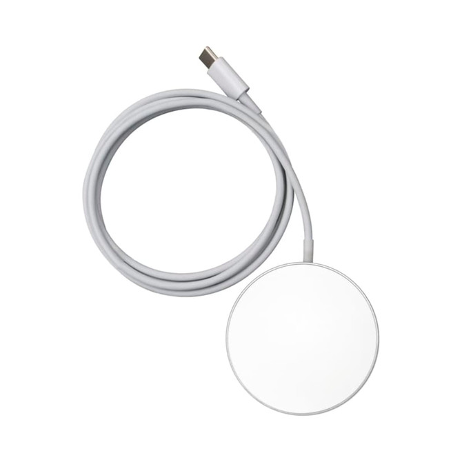 A round white wireless charger with a grey cable attached, featuring a logo on the surface.