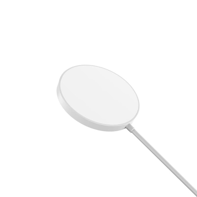 A white magnetic wireless charger with a smooth circular design and a connected cable. It has a logo on the surface.