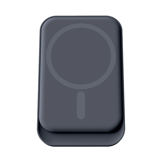 A sleek black magnetic wireless car charger with a circular design and subtle branding.