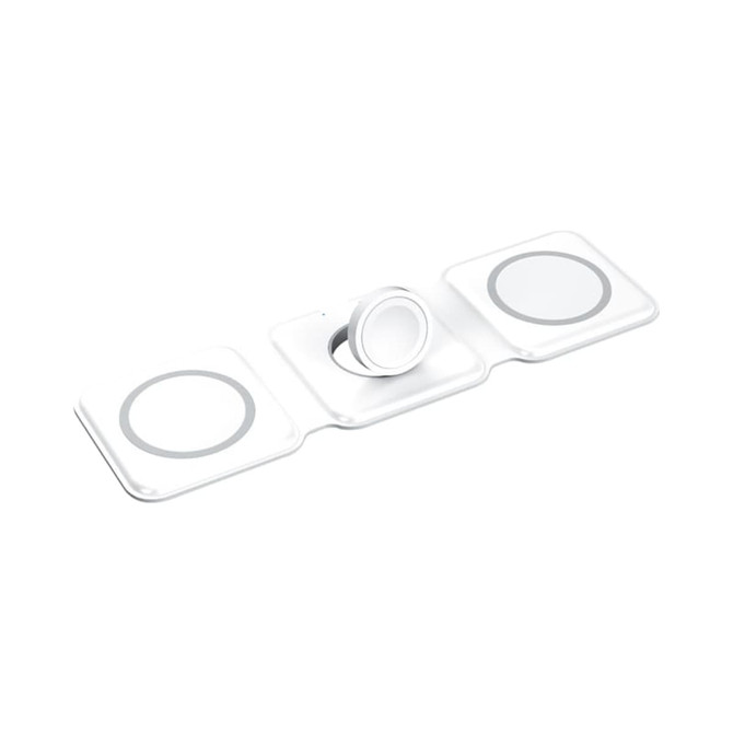 A white 3-in-1 magnetic wireless charger with three charging pads and a central magnetic attachment.