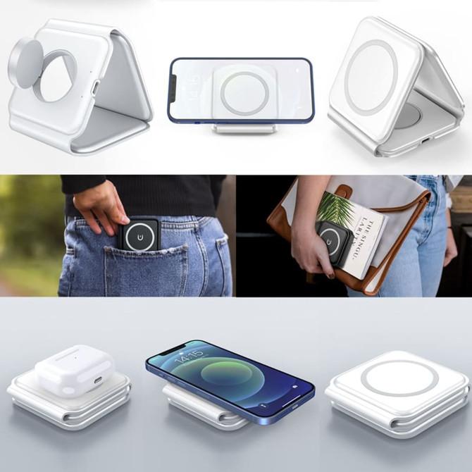 A white 3-in-1 magnetic wireless charger, designed for phones and accessories, featuring a compact and portable design.
