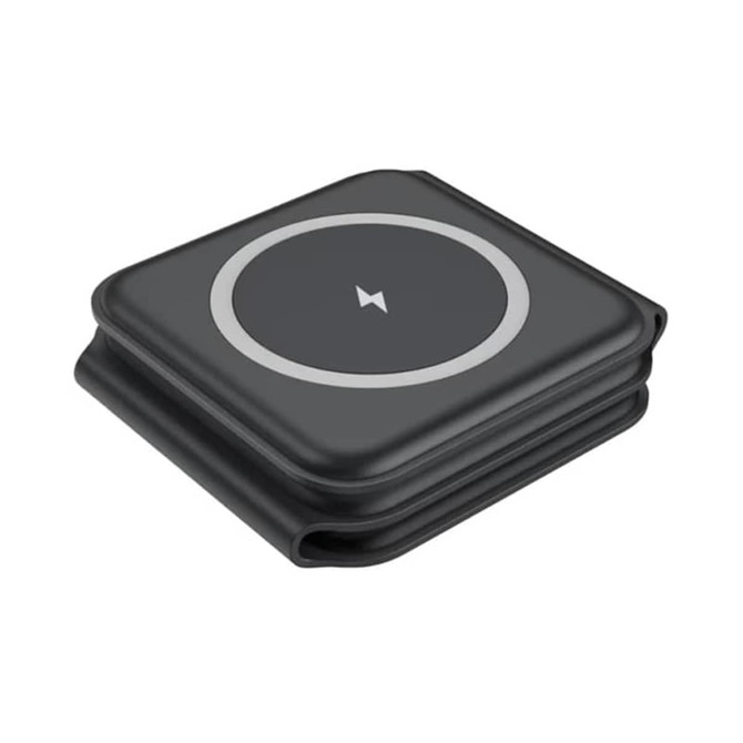 A dark grey wireless charger with a sleek, square design and a circular charging area. It features a logo.