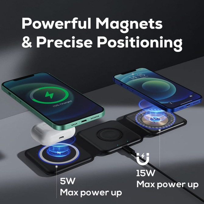 A sleek black wireless charger features two devices: a green phone and a blue phone, with a logo visible.