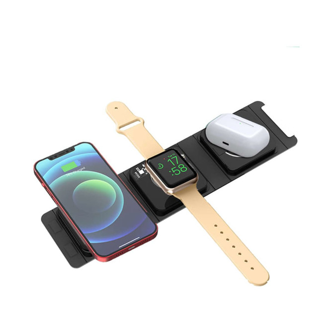 A black 3-in-1 wireless charger with space for a phone, smartwatch, and AirPods, featuring a sleek design and a light colour strap.