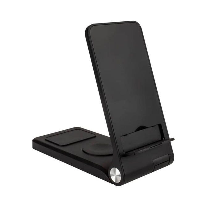A black 3-in-1 wireless charger with adjustable stand and phone holder, featuring a branding logo.