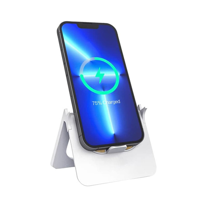 A wireless charging stand in white with a smartphone displaying a charging indicator.