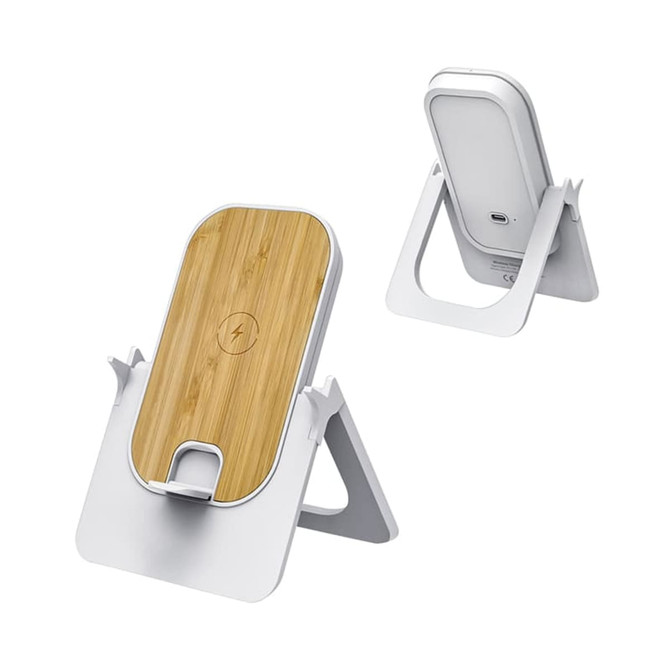 A wireless charging stand with a bamboo top and white base, featuring a branded logo and a collapsible design.