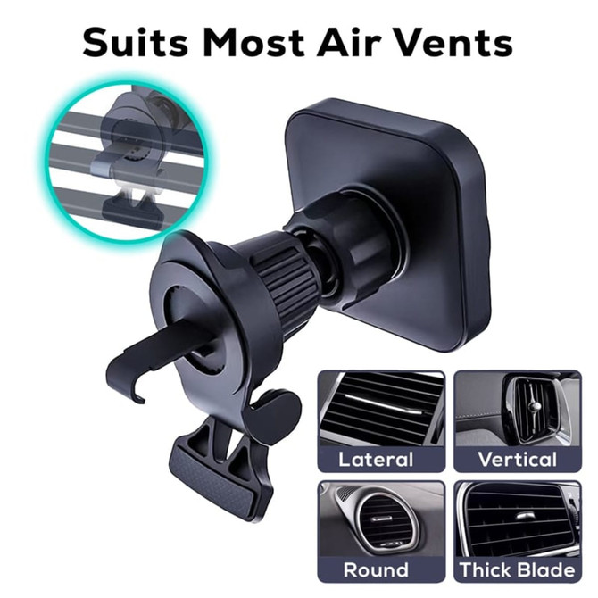 A black car phone mount designed to fit most air vents, featuring adjustable clips for various vent styles.