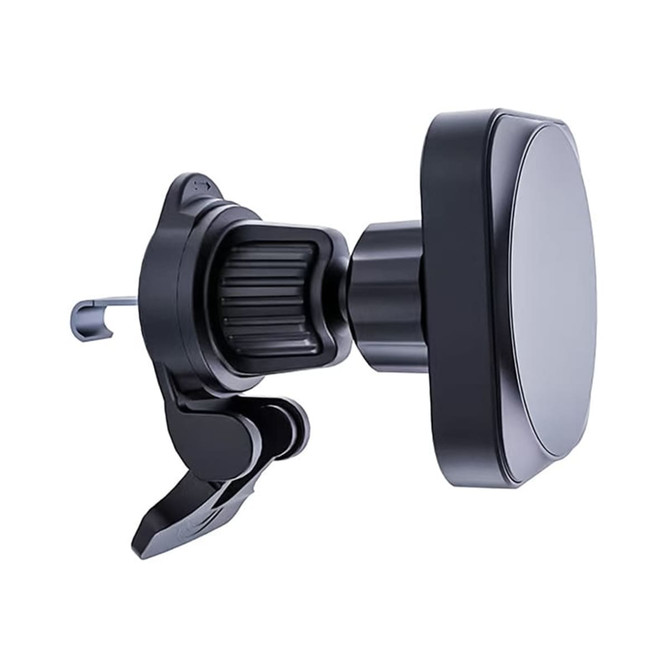 A magnetic wireless car charger in black, featuring a clip mount for secure attachment. Includes a logo on the charger.