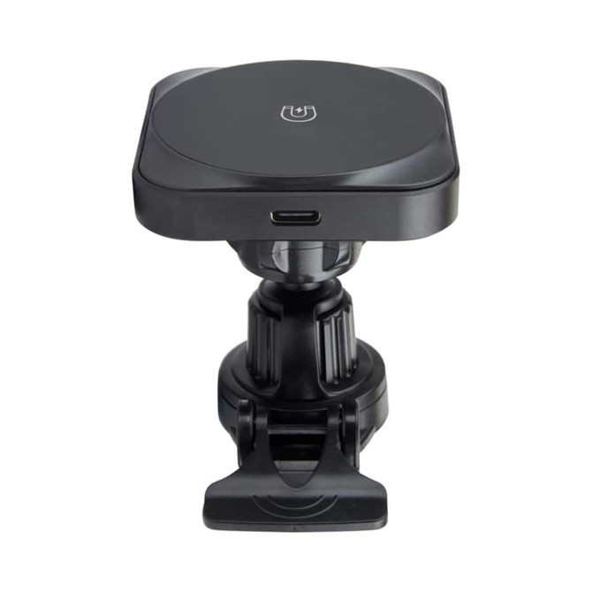 A black Sutton 15W magnetic wireless car charger with a mount base and a USB-C port.