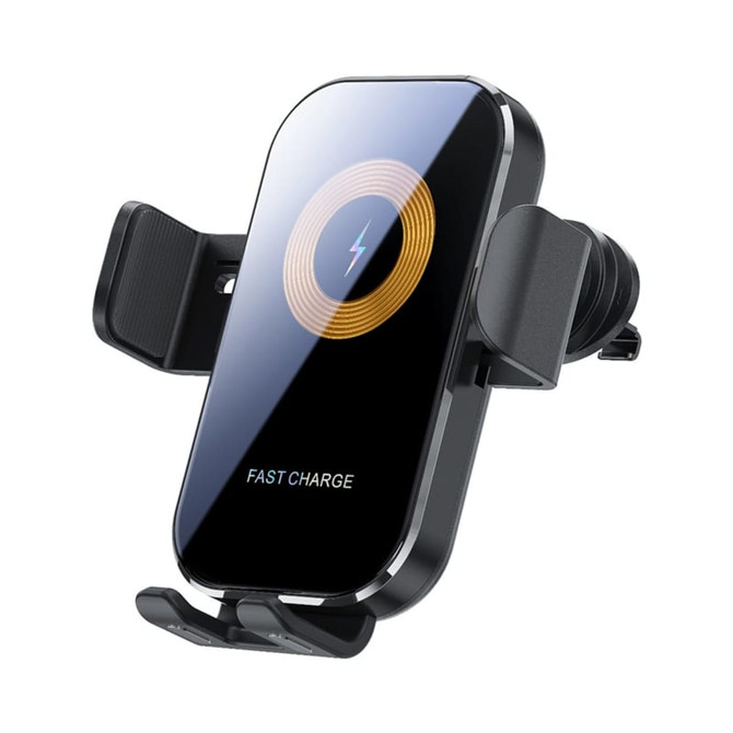 A black 15W fast wireless car charger with a sleek design, featuring a circular indicator on the front and adjustable holders.