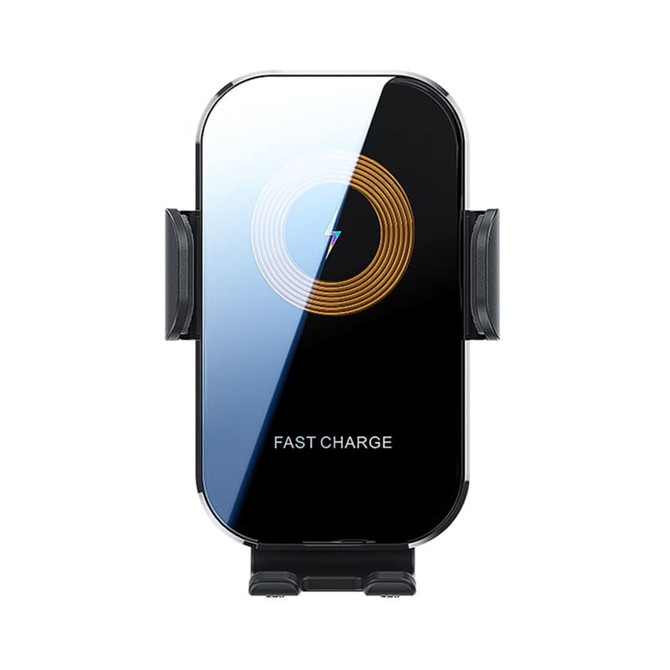 A black and silver fast wireless car charger featuring a holder for phones and a charging indicator.