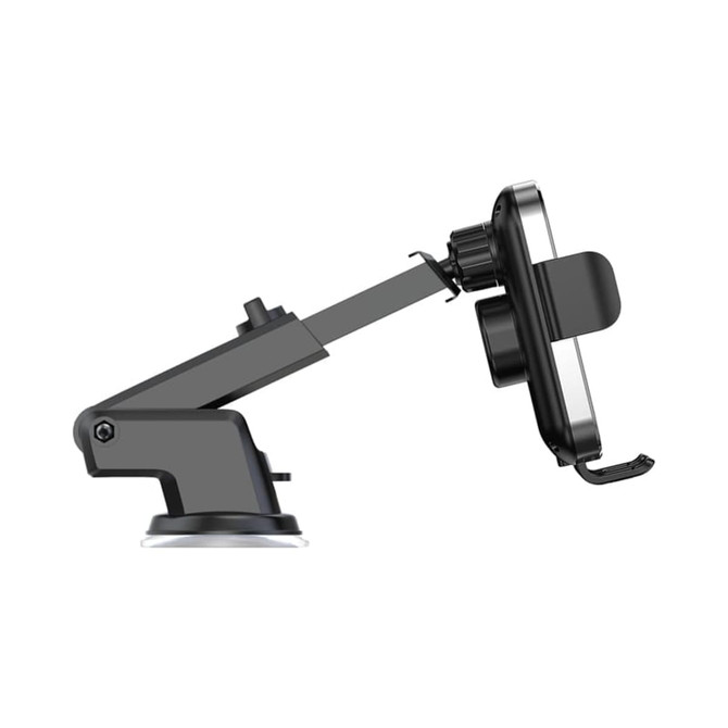 A black 15W fast wireless car charger with a flexible arm and a suction mount for attachments.