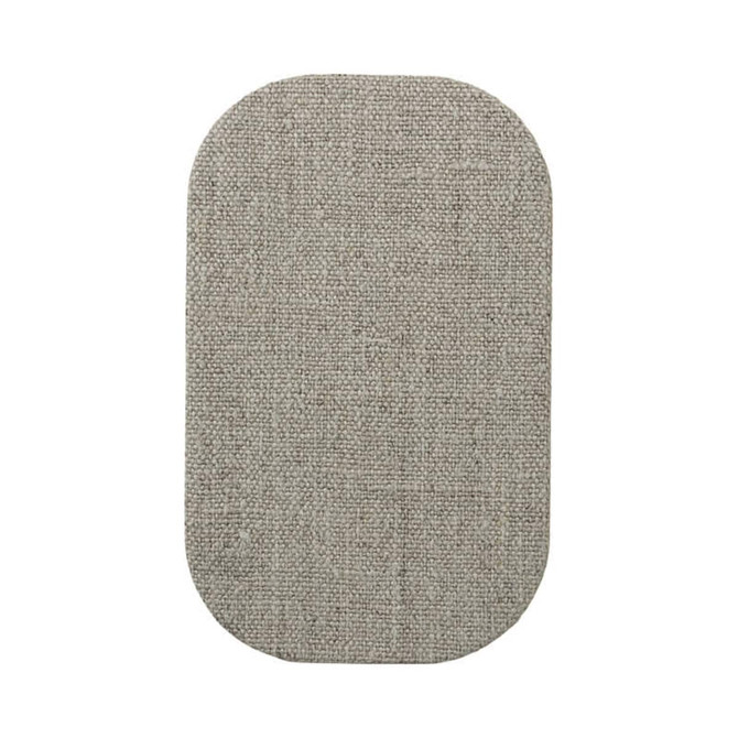 A textured, oval wireless charger in a soft grey colour with an understated design and a brand logo.