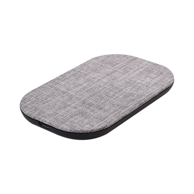 A grey wireless charger with a textured surface and a sleek design, featuring a minimalist shape and a black base.