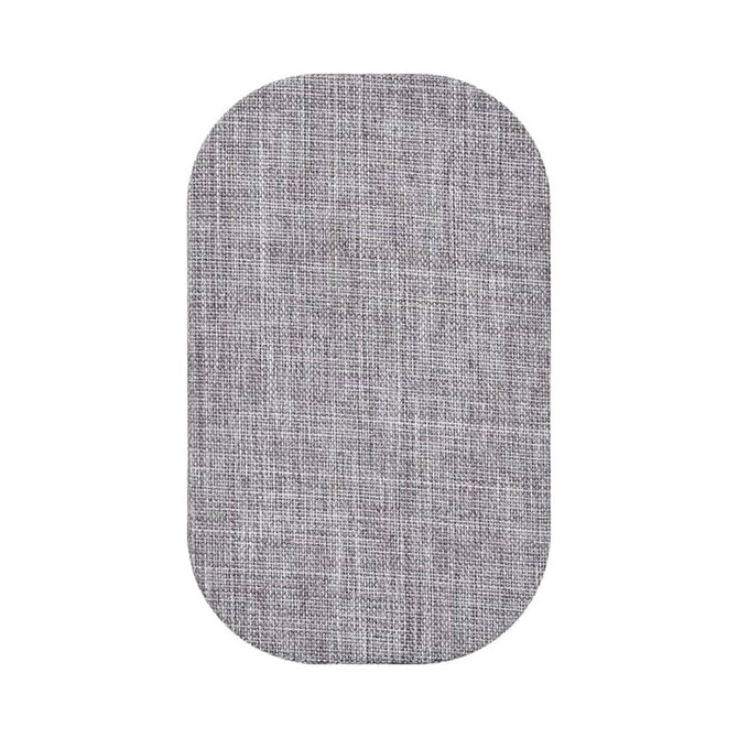 A grey wireless charger with a textured fabric finish, featuring a rounded rectangular shape and a branding logo.