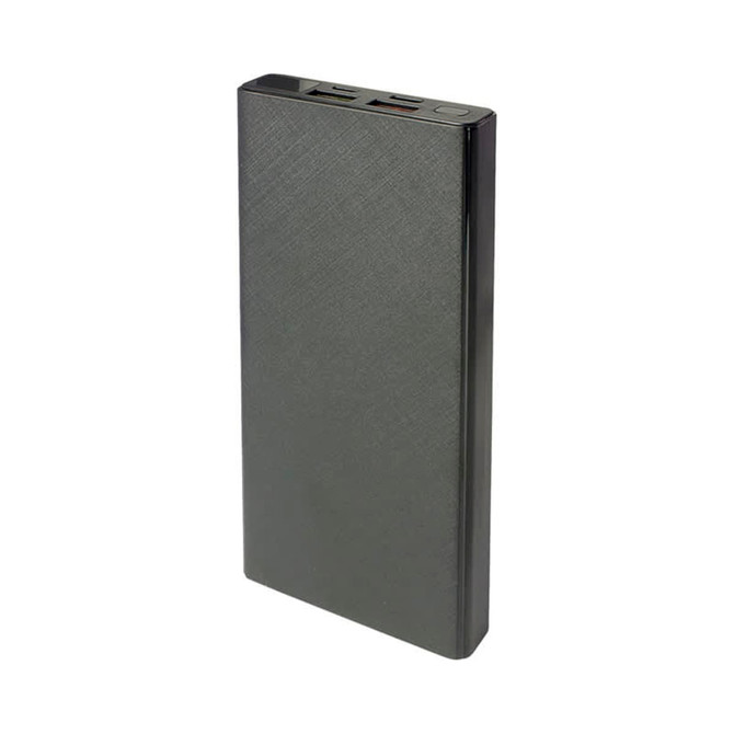 A black wireless power bank with a textured finish, featuring two USB ports and a power button.
