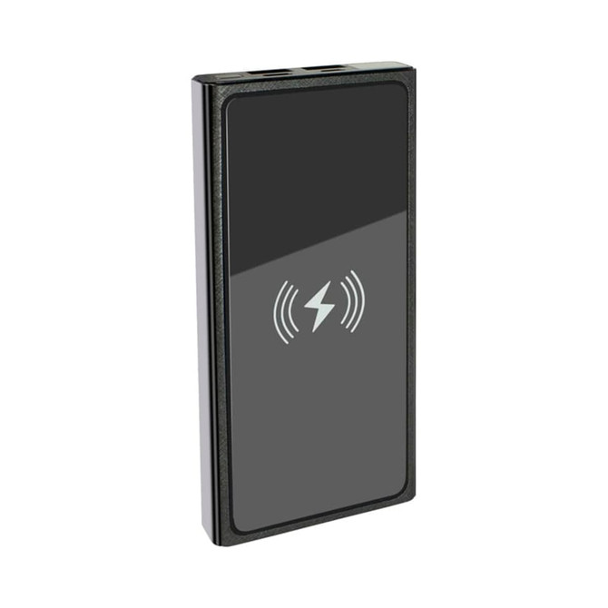 A sleek black wireless power bank with a smooth surface and a logo, featuring two USB ports.