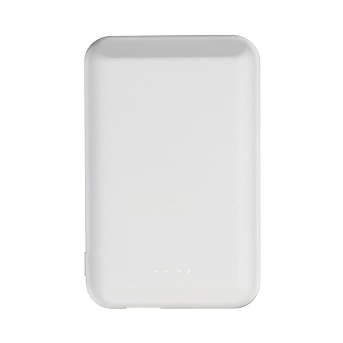 A white magnetic wireless power bank with a sleek design, featuring a built-in battery indicator.