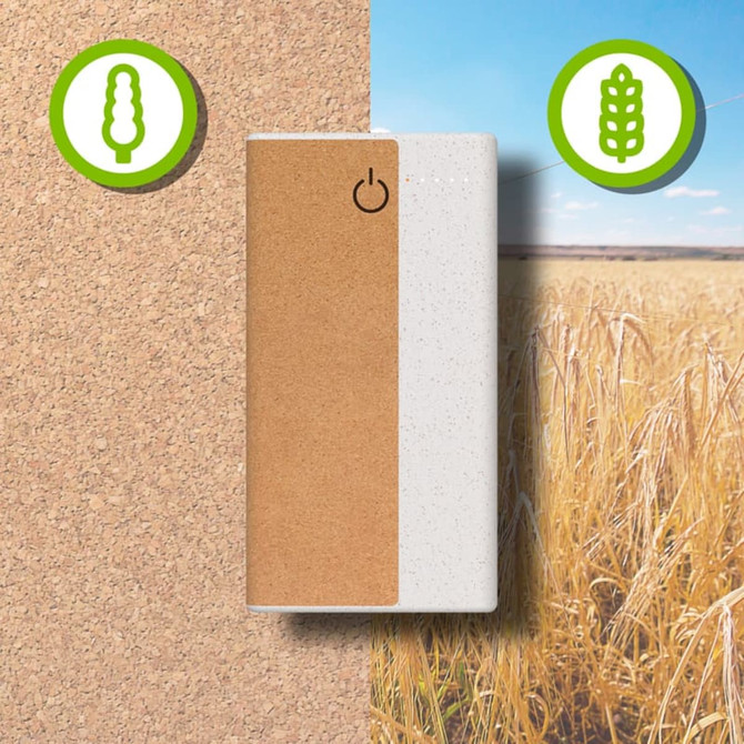 A wireless eco power bank in beige and white, featuring a natural texture and a logo on the front.