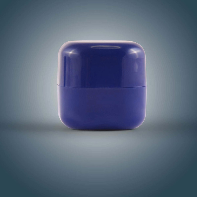 A purple cube-shaped lip balm container with a glossy finish, featuring a smooth, rounded design.